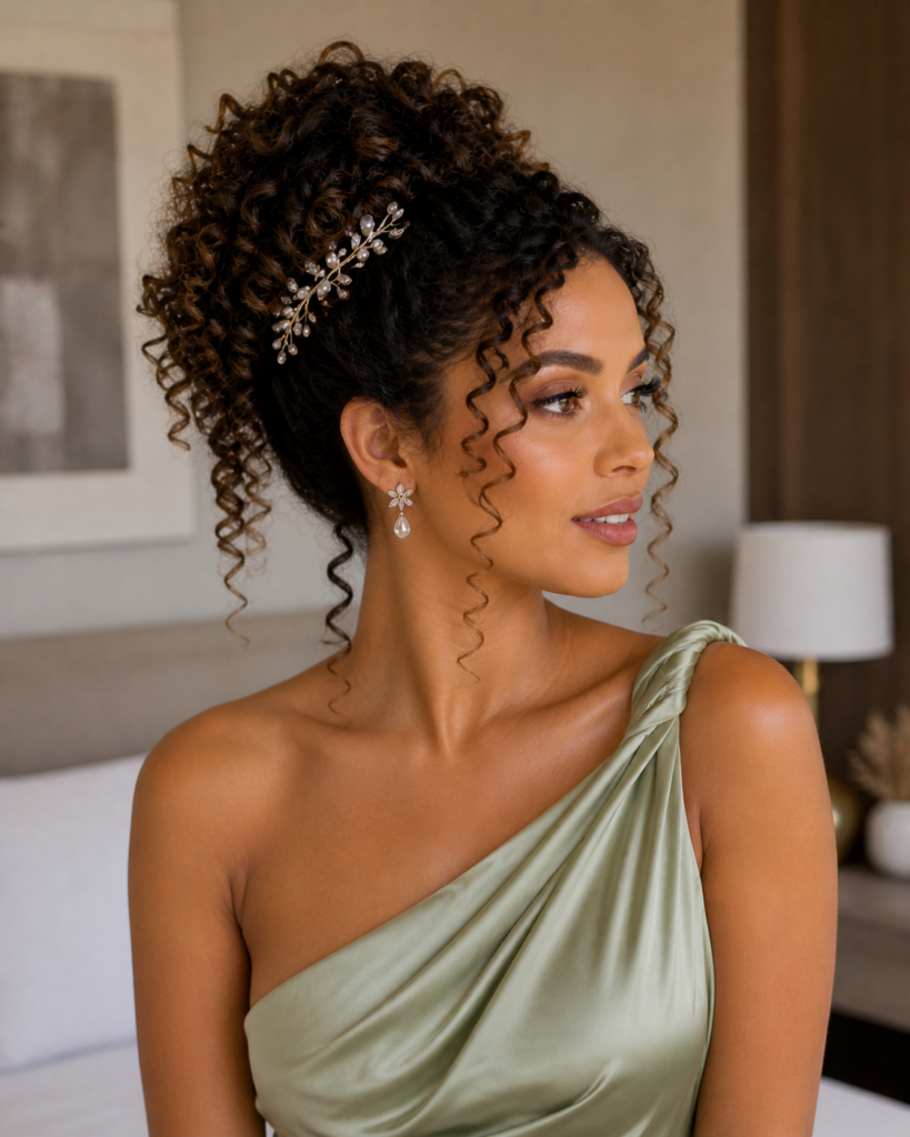 Penteado para cabelo cacheado com definição e volume para noiva ou madrinha em Copacabana Zona Sul Rio de Janeiro