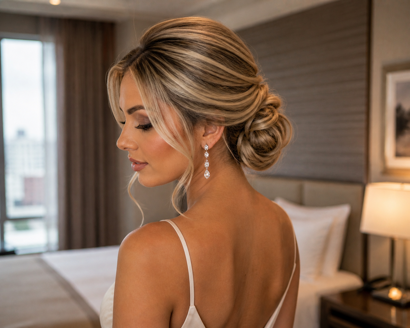 Penteado coque baixo elegante para noiva ou madrinha em hotel no Rio de Janeiro com acabamento profissional e sofisticado